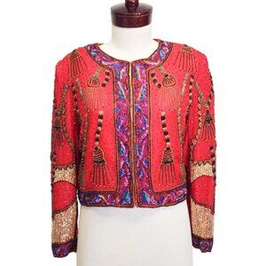 Vtg Laurence Kazar Beaded/Sequin Tassel Design Red Silk Cropped Jacket Womens XL